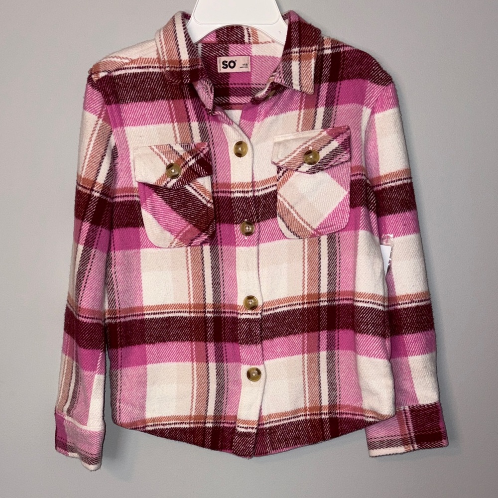 NWT SO Pink and Cream Plaid Button-Down Shirt Shacket Youth M